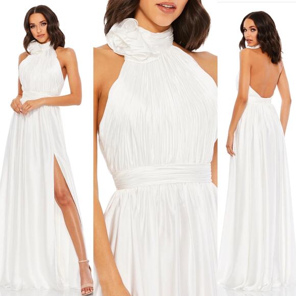Mac Duggal Rosette Flower Halter Chiffon Gown In White 49333 Size 8 New - Picture 1 of 16